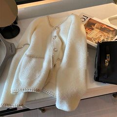 法式小香风珍珠扣毛衣开衫女上衣春秋白色温柔软奶水貂绒针织外套