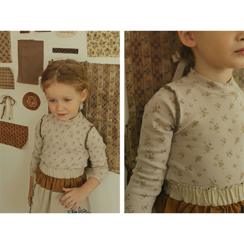 Baby's Top for Autumn and Winter, Versatile, Soft and Fluffy, Small Floral Pattern, Half-Neck Long-Sleeve Children's T-Shirt, Korean Style, for Girls, Base Layer Shirt