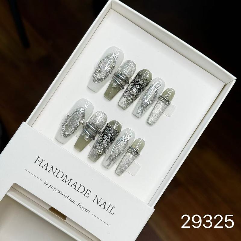 【純手作りのつけ爪29-32】ロングフレンチキャットアイパッチ付け爪、取り外し可能なネイルアートコレクション|undefined