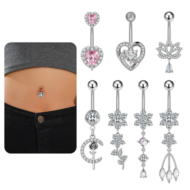 Cross-Border E-Commerce New Zircon Navel Ring New Heart-Shaped Zircon Navel Nail Factory Ready-Made Piercing Jewelry Online