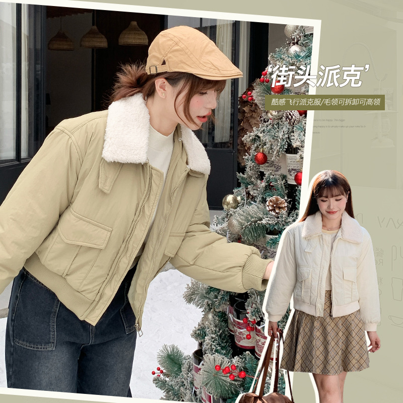 美式潮牌羊羔毛翻领夹克机车棉服女冬胖mm大码女装短款外套65145