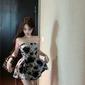 水墨画扎染印花抹胸上衣女修身小众辣妹外穿无肩带背心夏季设计感