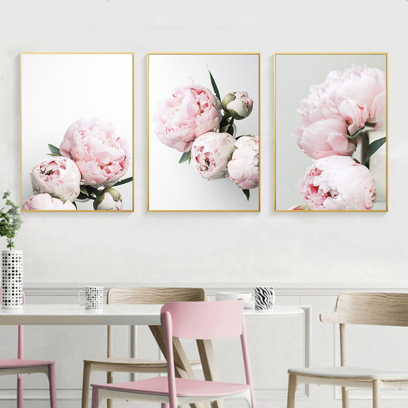high definition Simplicity Triplet White background peony Pink pattern Home Furnishing Oil Painting Decorative painting mural hotel Gallery Hanging picture