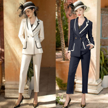 AD拼色西装套装女士休闲职业装气质女神范正装套裤米白色小西服OL