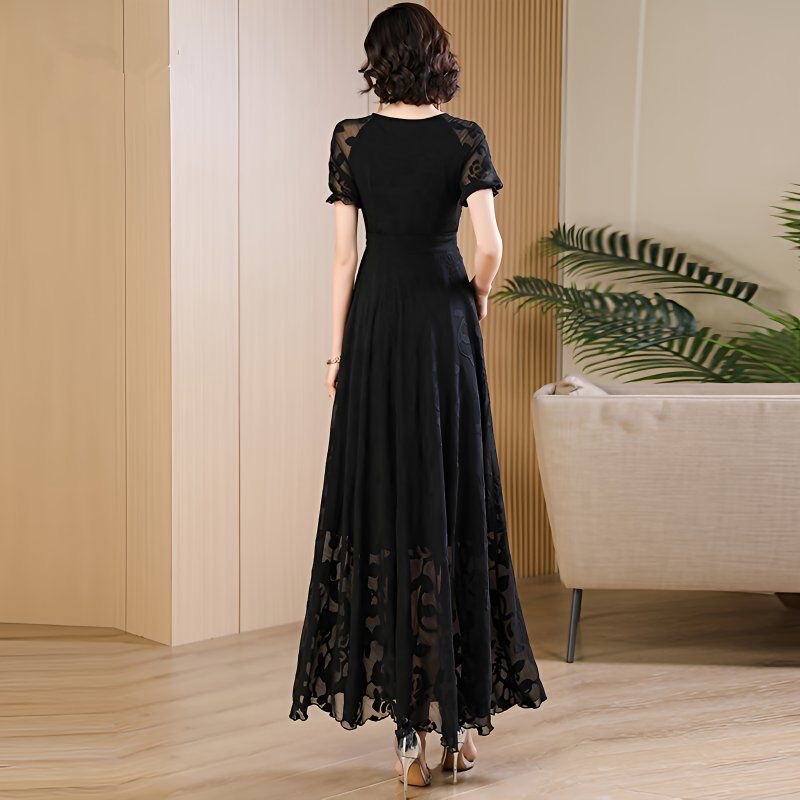 Summer Black Chiffon Dress for Women, Long to the Ankle, 2025 New Style, Extra-Long Formal Occasion Floral Flared Dress