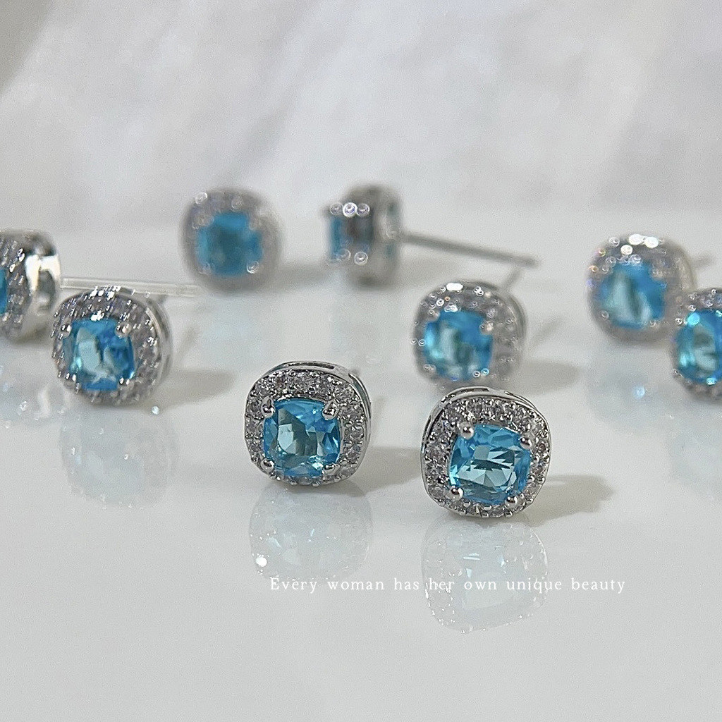 Blue square geometric fashionable earrings with zircon