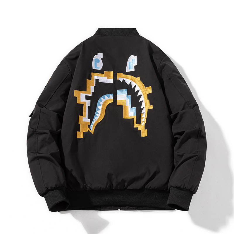Spring, autumn and winter MA1 air force pilot jacket men's and women's ins fashion brand baseball cotton-padded jacket couple shark embroidered jacket Spring, autumn and winter MA1 air force pilot jacket men's and women's ins fashion brand baseball cotton-padded jacket couple shark embroidered jacket