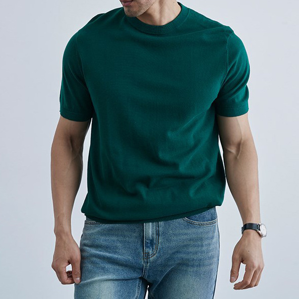 Verano nuevo camiseta de manga corta hombre de color sólido hielo cuello redondo delgado T-shirt de comercio exterior al por mayor transfronterizo