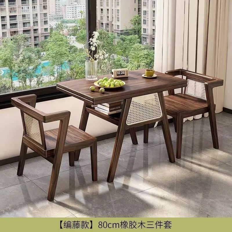 [고무나무 등나무 스타일] 원목 발코니 작은 티 테이블 3종 세트 - 원목 색상