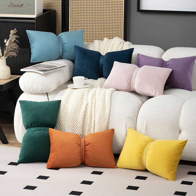 Velvet Bow Pillow Cushion Plush Back Cushion Rectangular Living Room Sofa Cushion Bedside Pillow Car