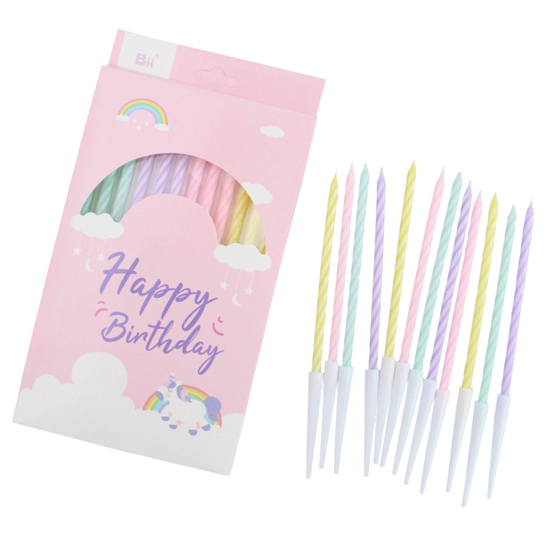 Venta al por mayor nueva vela de cumpleaños feliz reunión A3 color Delgado cristal espiral 12 velas fiesta en caja