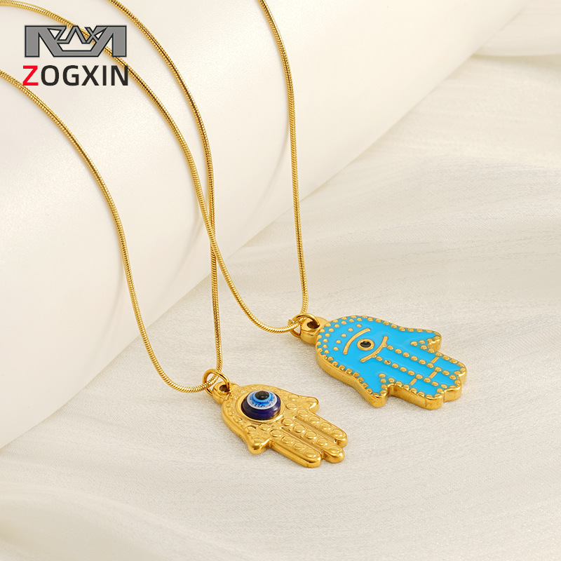 Europa y América retro mano de Fátima colgante azul turco ojos palma del diablo ojo collar de acero inoxidable mujer