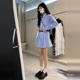 2025新款韩系蓝色条纹衬衫连衣裙子女装2025早春短裙套装春装女款