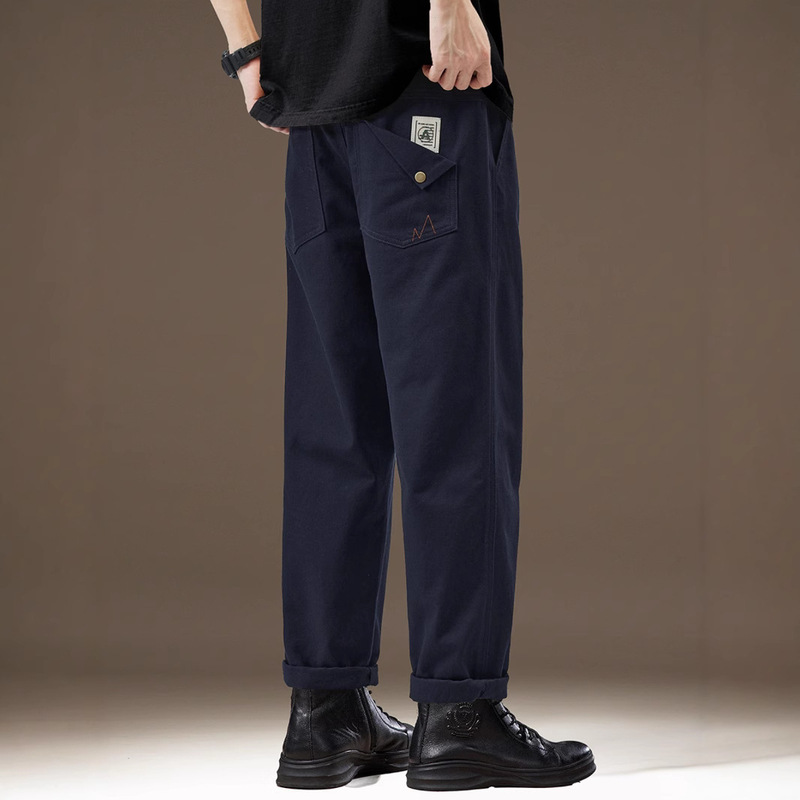 High-end Retro American Style Pure Cotton Straight Casual Pants Men's Autumn and Winter fleece-lined Loose plus size Wide-leg Overalls for Men