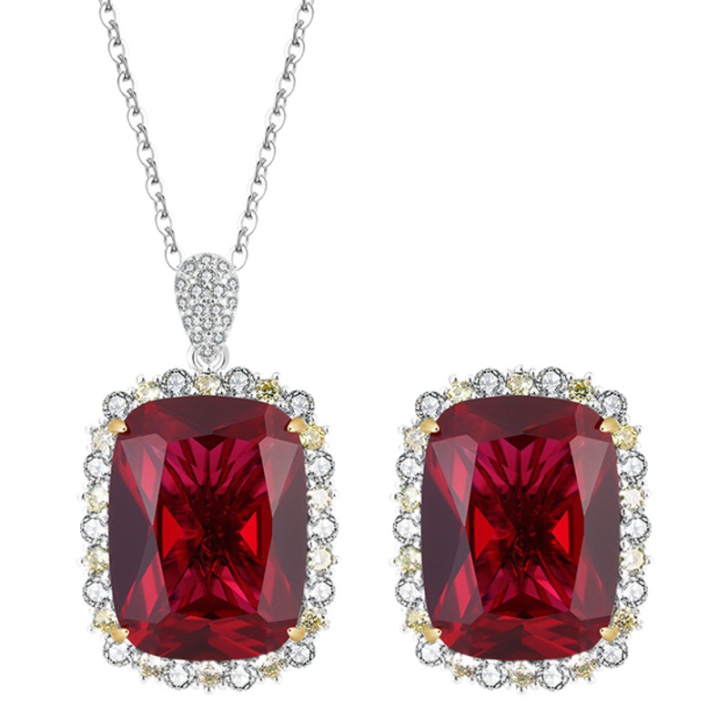 Zhuang Sheng joyería S925 plata simulación tesoro de color rojo Esmeralda corindón grasa temperamento cuadrado luz lujo traje 15*20