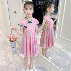 Girls short-sleeved cheongsam dress 2024 summer new style Chinese style retro style dress foreign style cotton checkered skirt