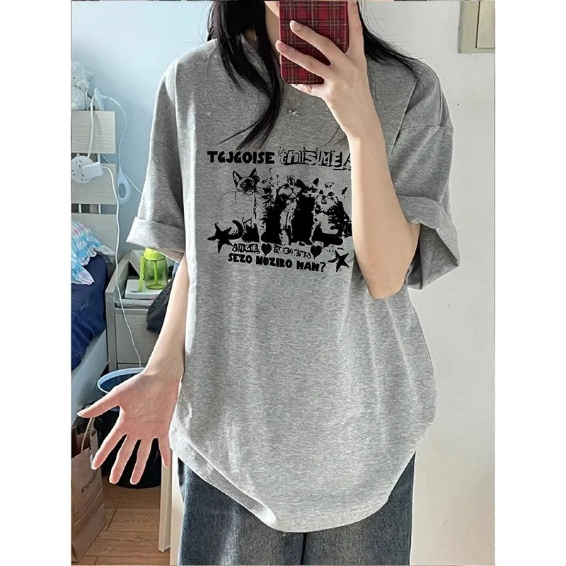100% Pure Cotton American Style Shoulder Short-sleeved T-shirt Women's Summer Design Sense Niche Casual Loose Grey Top Ins Men