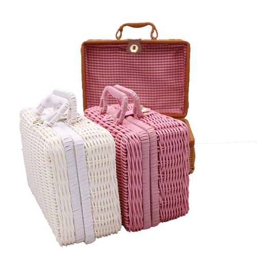 Cosmetics Organizing Wicker Box Retro Props Wicker Handbag Souvenir Box Solid PP Woven Wicker Storage Box 