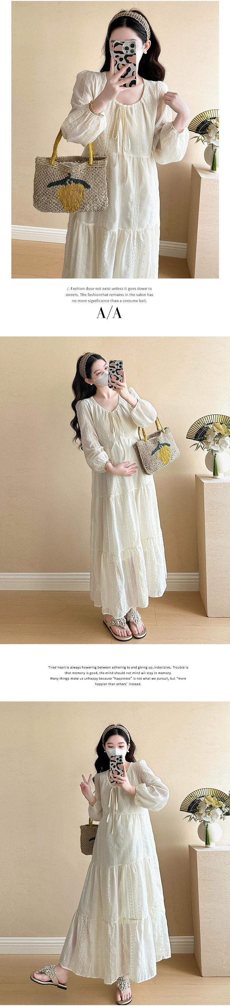 Vestido beige de maternidad con detalle de pliegues frontales