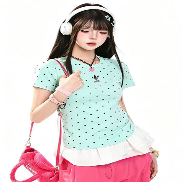 Clover Korean-Style Round-Neck Polka-Dot Short-Sleeve T-Shirt for Women, New Summer Casual Slim-Fit Simple Versatile Top Clover Korean-Style Round-Neck Polka-Dot Short-Sleeve T-Shirt for Women, New Summer Casual Slim-Fit Simple Versatile Top