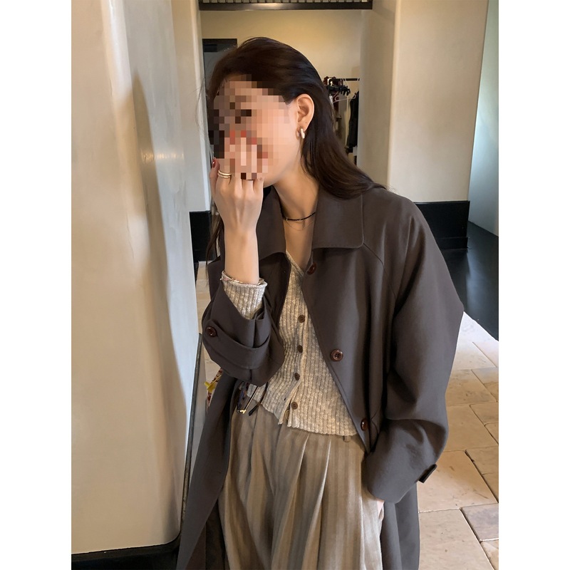 西西里安 风衣季~小个子韩版落肩设计门襟风衣外套女过膝大衣|undefined