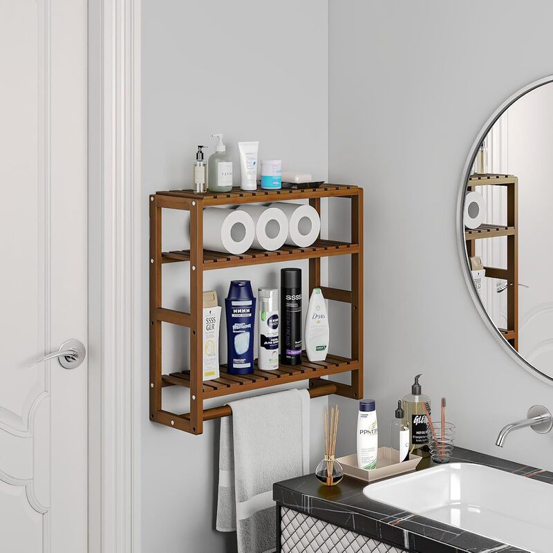 Space Saving Large Capacity Bathroom Toiletries Wooden Storage Rack Kitchen Wall Mounted Three Layer Wood Shelf