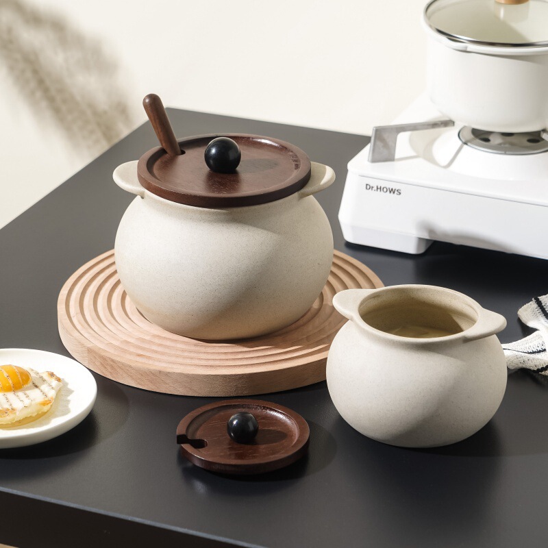 Light Luxury Style Ceramic Coarse Pottery Large-Capacity Lard Jar with Spoon Kitchen Multi-Purpose Chili Sauce Jar Seasoning Jar Wholesale