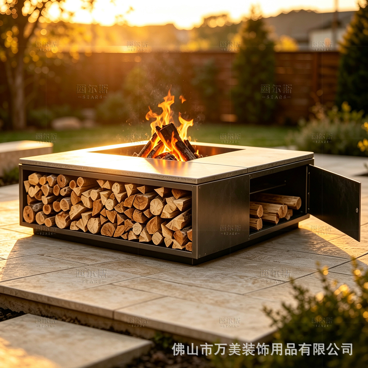 Villa courtyard platform campfire stove, artistic fireplace with wood storage, square wood-burning fire pit for gatherings