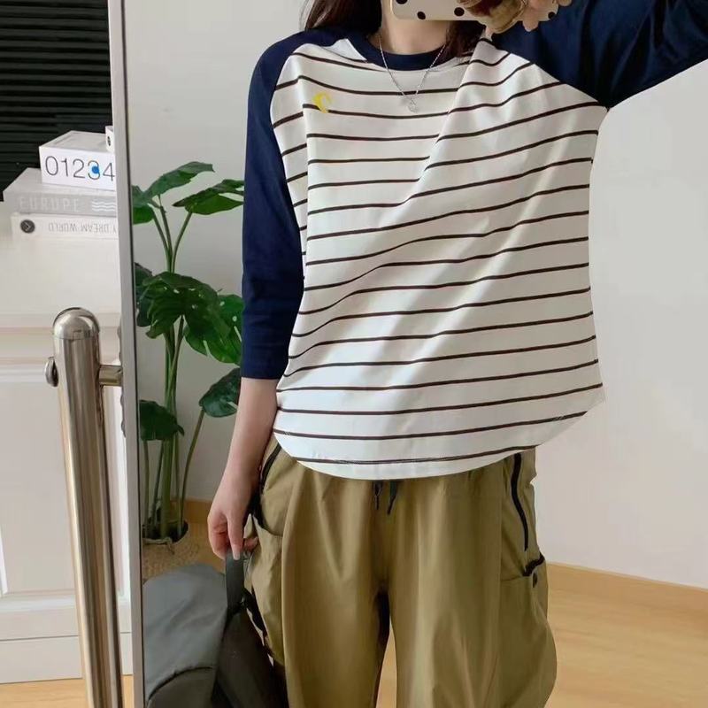 レディース春夏ストライプ柄インナーシャツ七分袖三色配色Tシャツ韓国風純綿インナーシャツストライプ|undefined