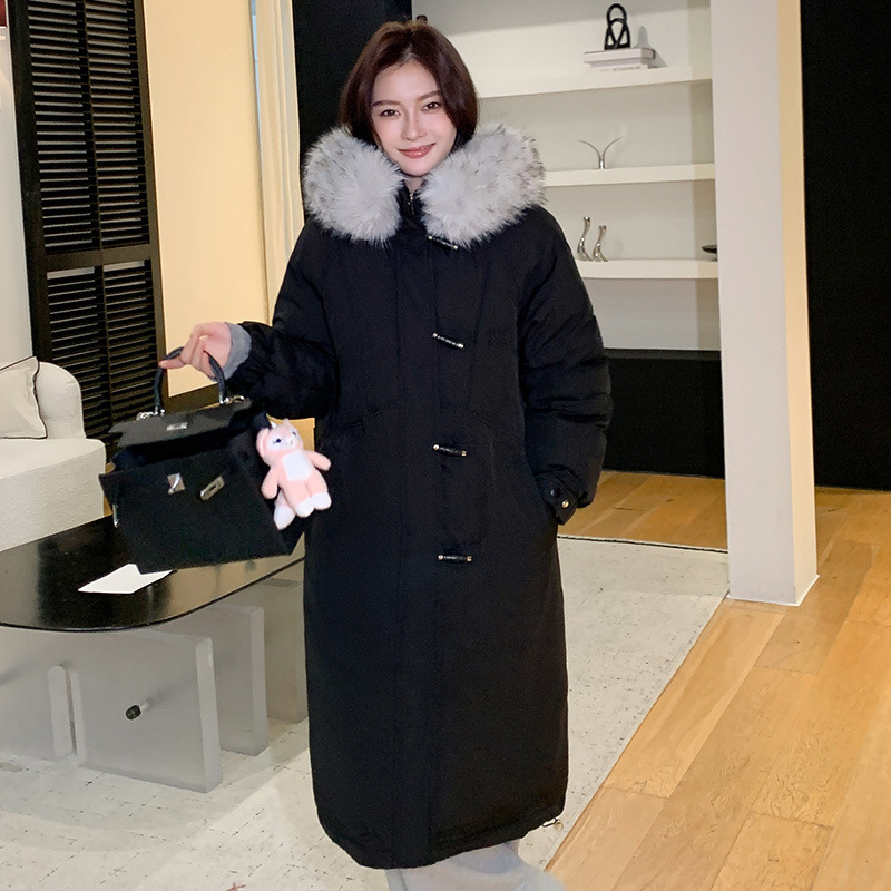 跨境大毛领棉服女冬季长款宽松大衣连帽新款女款时尚风衣外套|undefined