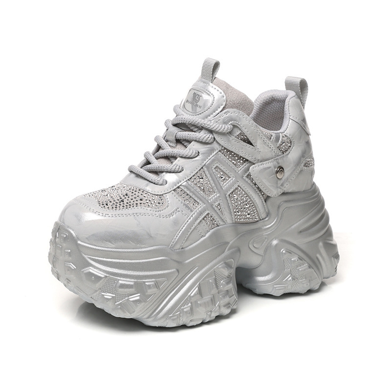 Giày sneaker nữ đế dày tăng chiều cao, phối đá rhinestone, lưới thoáng khí — màu trắng ngà