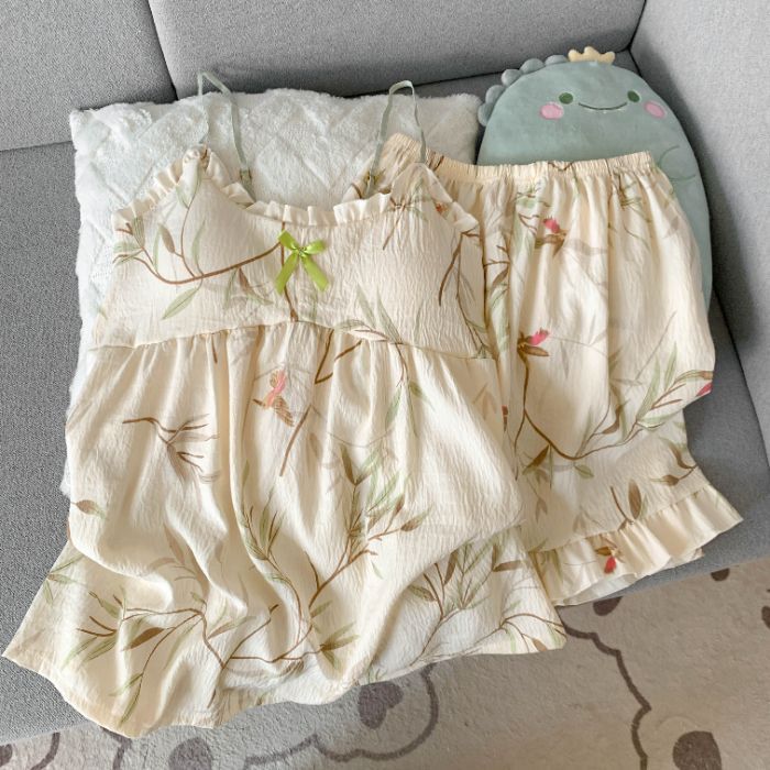 Venta al por mayor transfronteriza de algodón de nube de verano de gran tamaño gordos MM pijamas de cabestrillo para mujer con almohadilla para el pecho de dos piezas