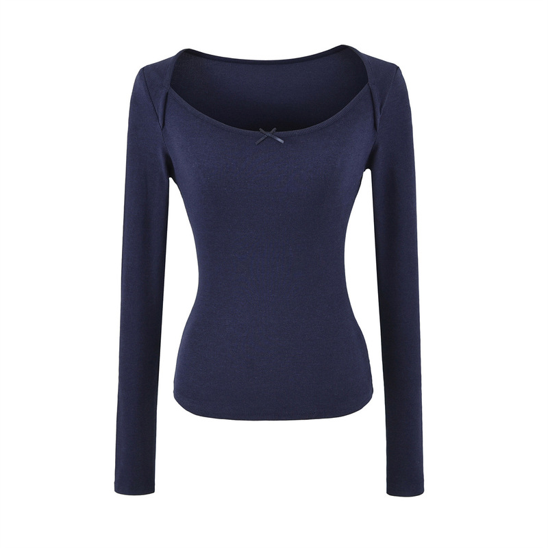 Pure Desire Girl Black Slim Fit Boat Neck Bow Long Sleeve T-Shirt for Women, New Spring Style Slimming Off-Shoulder Base Shirt Top Pure Desire Girl Black Slim Fit Boat Neck Bow Long Sleeve T-Shirt for Women, New Spring Style Slimming Off-Shoulder Base Shirt Top