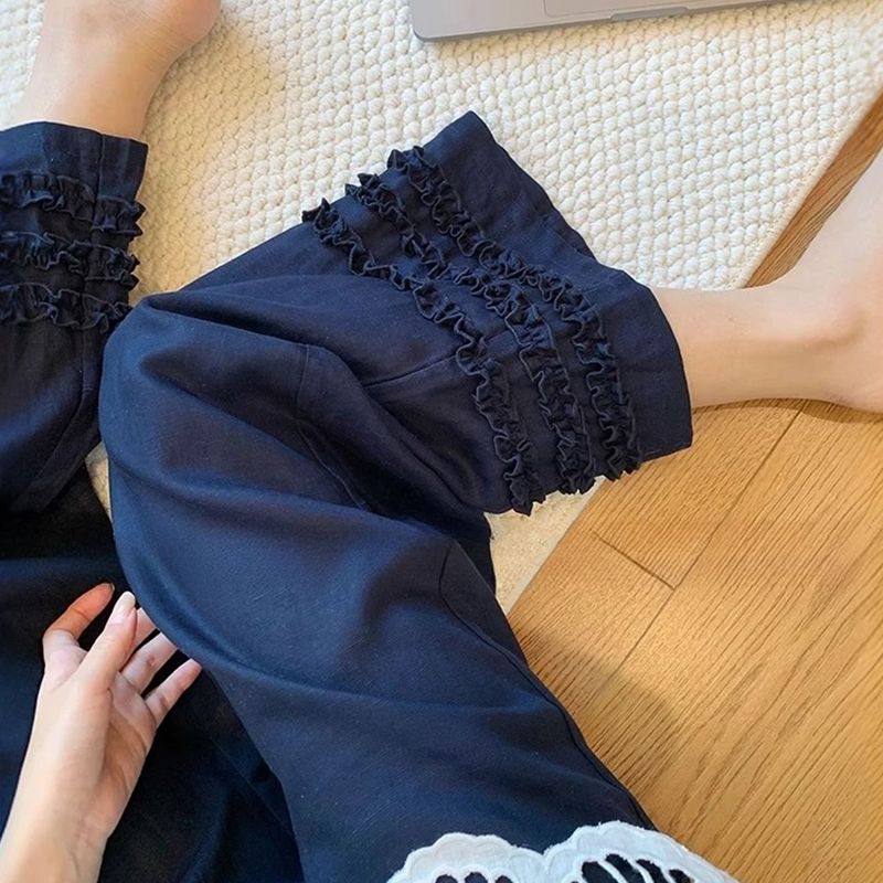 藏青色木耳边拼接棉麻阔腿裤女2025夏季新款复古休闲显瘦直筒裤子|undefined