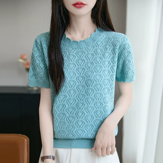 夏新款女装上衣全纯色棉针织衫短袖女T恤女圆领背心勾花外贸批发