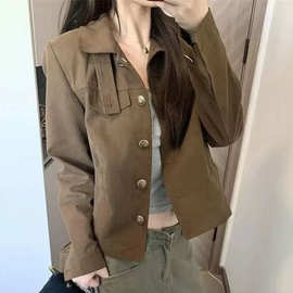 美式复古短款修身显瘦小众百搭外套女秋冬百搭立领工装夹克上衣