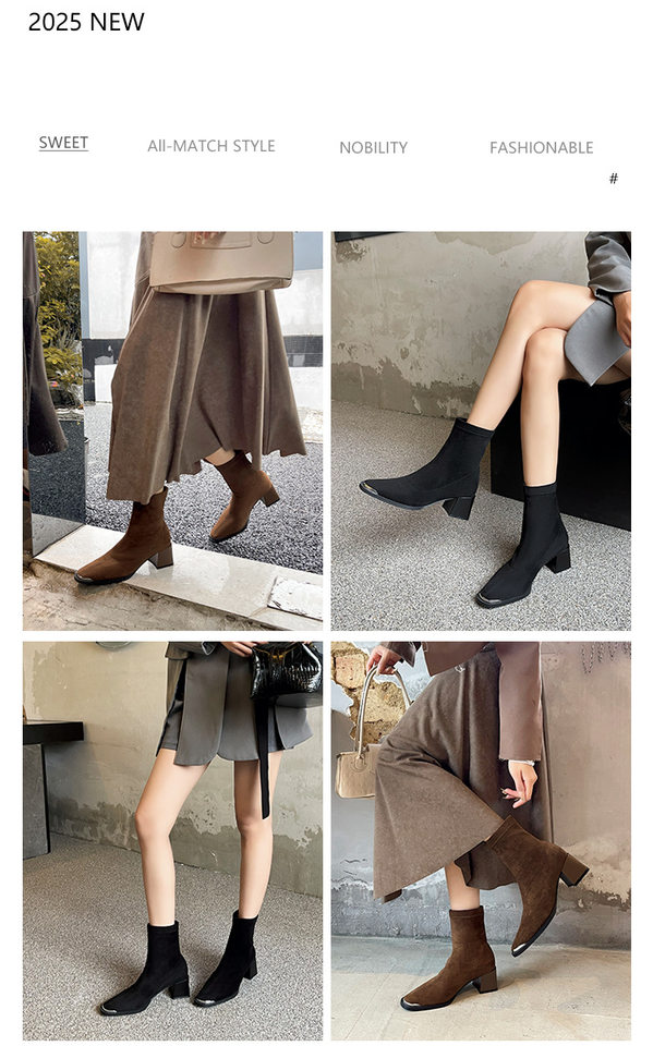 Bốt nữ ngắn mũi vuông gót dày 7 cm chất liệu da lộn phối cashmere — màu nâu, đen chi tiết 2