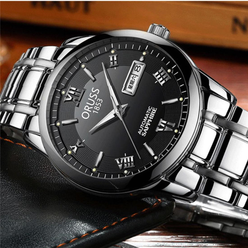 Impermeable Reloj negro europeo y americano Reloj de movimiento automático Reloj de calendario impermeable luminoso Reloj no mecánico de estilo coreano para hombres