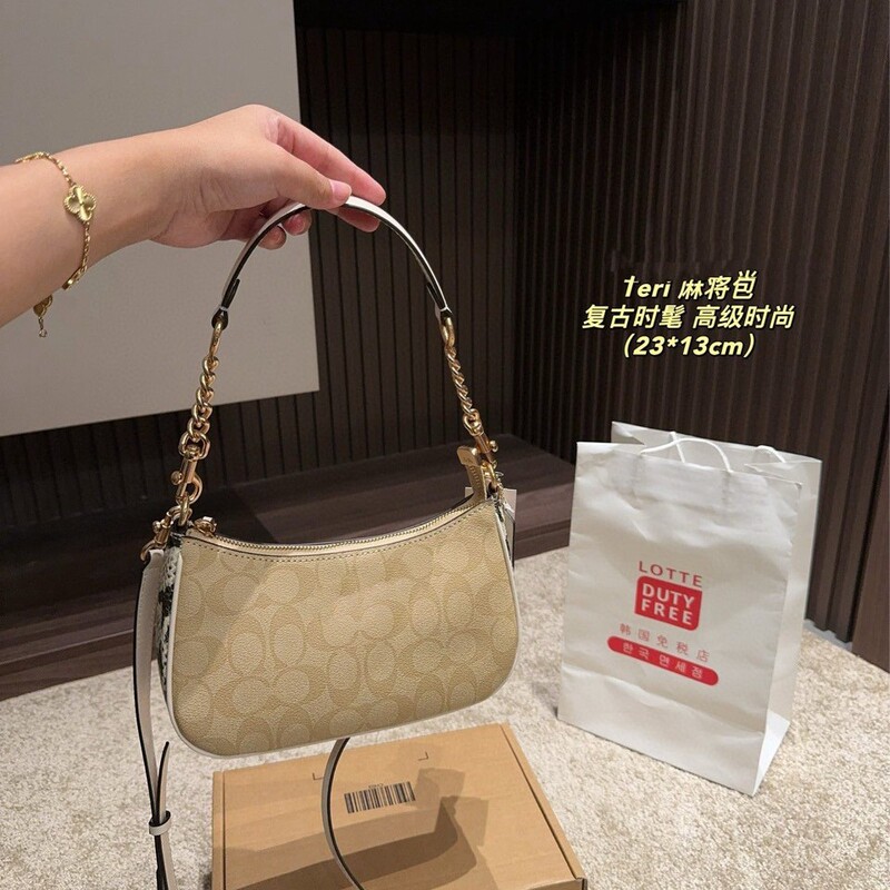 Coach Classic Teri25 Versatile Monogram Single Shoulder Underarm Chain Mahjong Bag Crossbody Commuter Handbag for Women