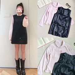 現物/宅女同項pu皮黒馬甲ベストワンピース & ピンクベビー襟長袖シャツ女