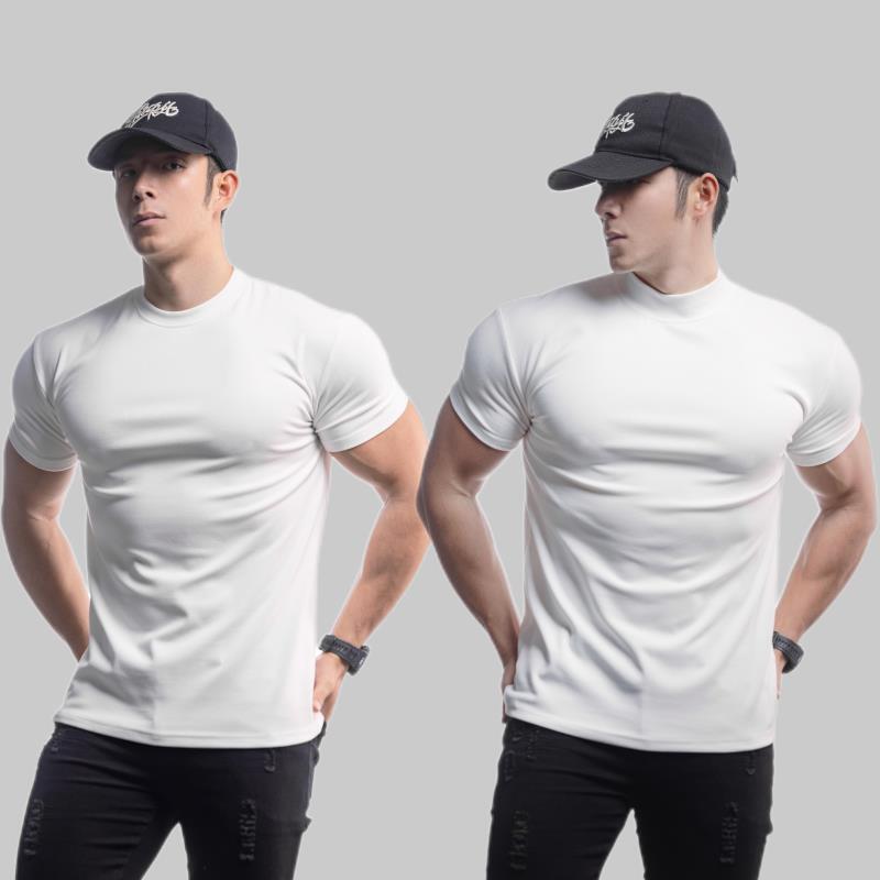 Spring and Autumn New Men's Sports Fitness Solid Color Double-Sided German Velvet Raglan Sleeves Slim-Fit Short-Sleeved Men's Base-Layer Shirt for Fitness