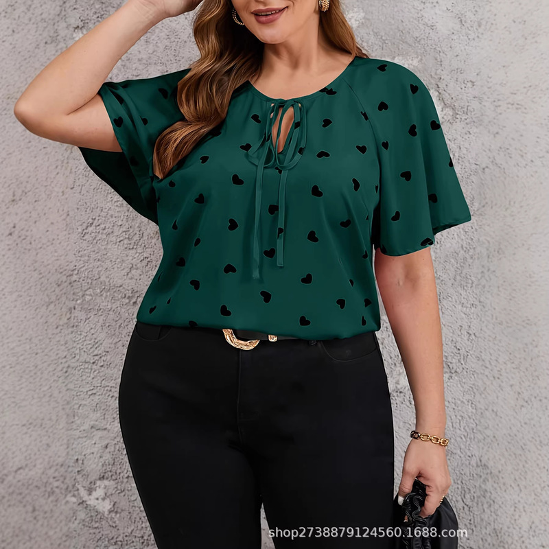 Cross-Border European and American Plus-Size Pullover Shirt for Women, 2026 Summer New Style, Heart-Shaped Tie, Available in 5 Colors, Everyday Short-Sleeve T-Shirt