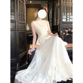 设计感新中式气质重工礼服裙两件套女收腰显瘦上衣蕾丝纱裙半身裙