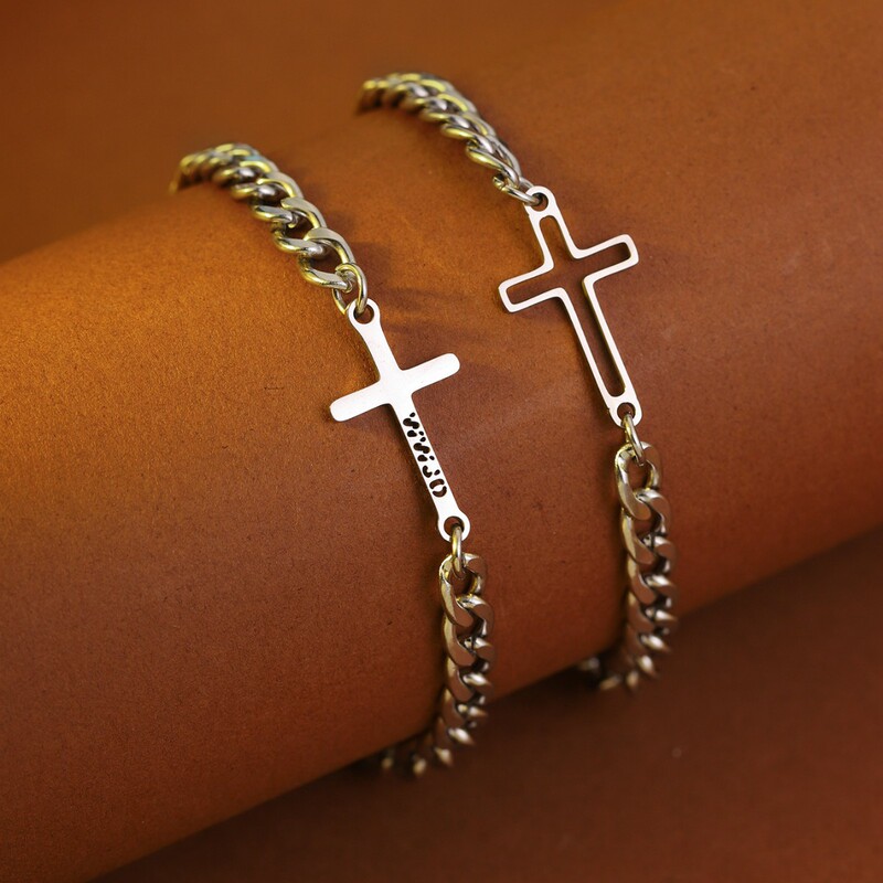 European and American Stainless Steel Cross Bracelet Cuban Chain Couple Titanium Steel Bracelet Set Cross-Border Wwjd Waterproof Jewelry