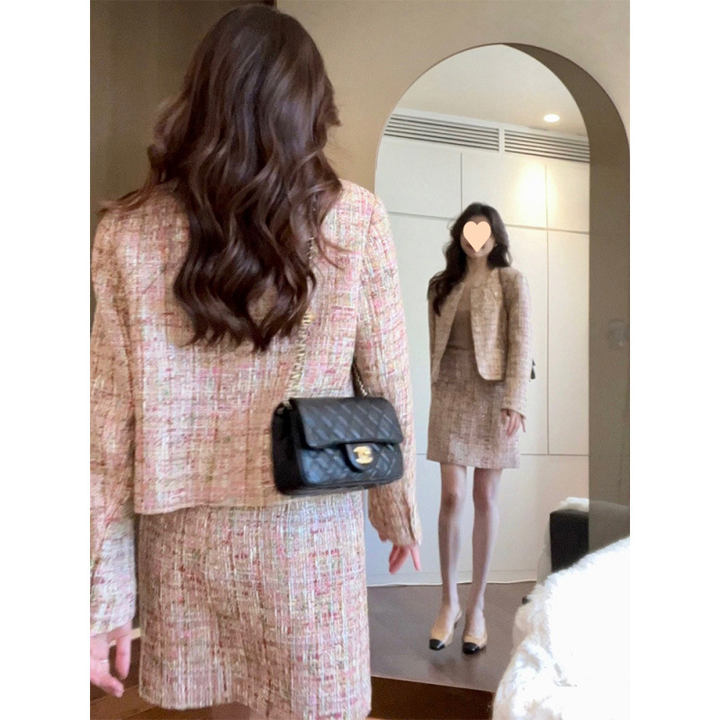 春秋高级感时尚盐系名媛绝美奶乖小香风洋装编织两件套装裙女