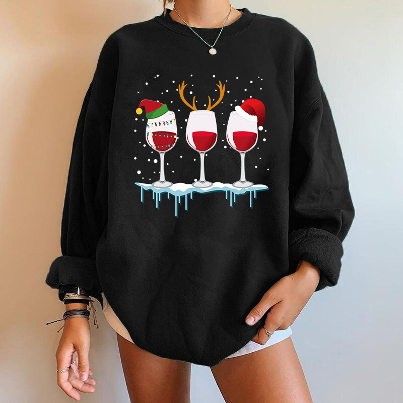 Daily, Street Occasion Round Neck Neckline Hoodies & Sweatshirts Long Sleeve Printing Streetwear Wine Glass Antlers