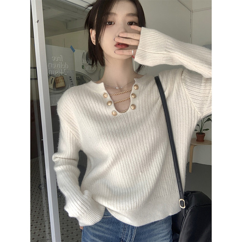 Autumn/Winter Korean Style V-Neck Unique Lace Chain Hoodless Design Women's Long Sleeve Knitted Cardigan