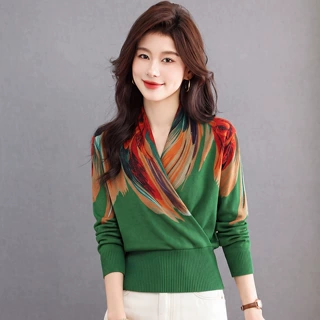 2026秋冬新款交叉V领毛衣女法式小香风印花烫钻针织衫打底衫上衣