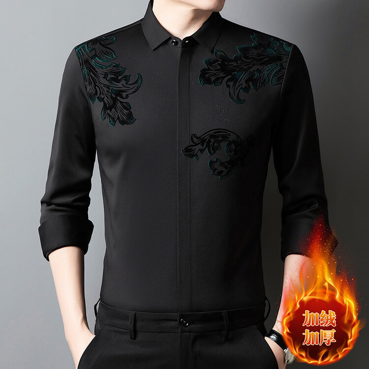 Men's Winter fleece-lined Warm Long-sleeved Shirt Young and Middle-aged Business Casual Trendy Printed Pattern All-match Outer Wearing Shirt