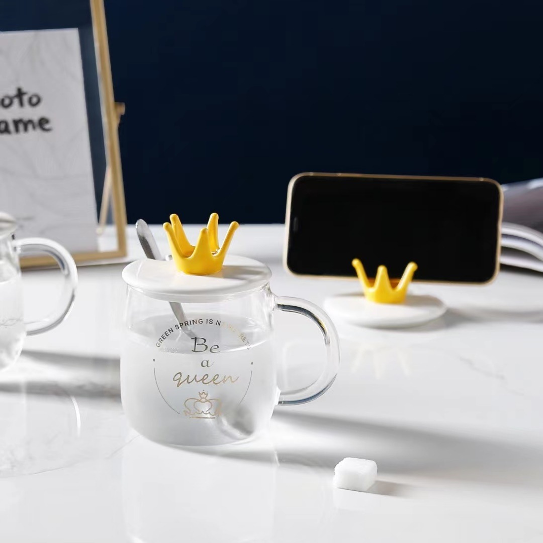 Estilo nórdico personalidad creativa corona vidrio transparente regalo con tapa cuchara taza de café simple Oficina inglés